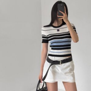 샤넬 퍼플로고 골지 반팔니트