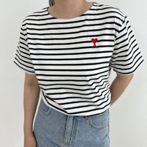 아미 여성 스트라이프 하트 로고 반팔 티셔츠