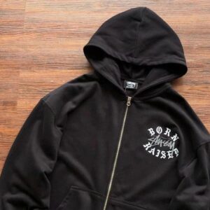 스투시 x 본앤레이즈드 로고 후드 집업 블랙