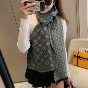 루이비통 리버시블 자카드 울 캐시미어 머플러 차콜